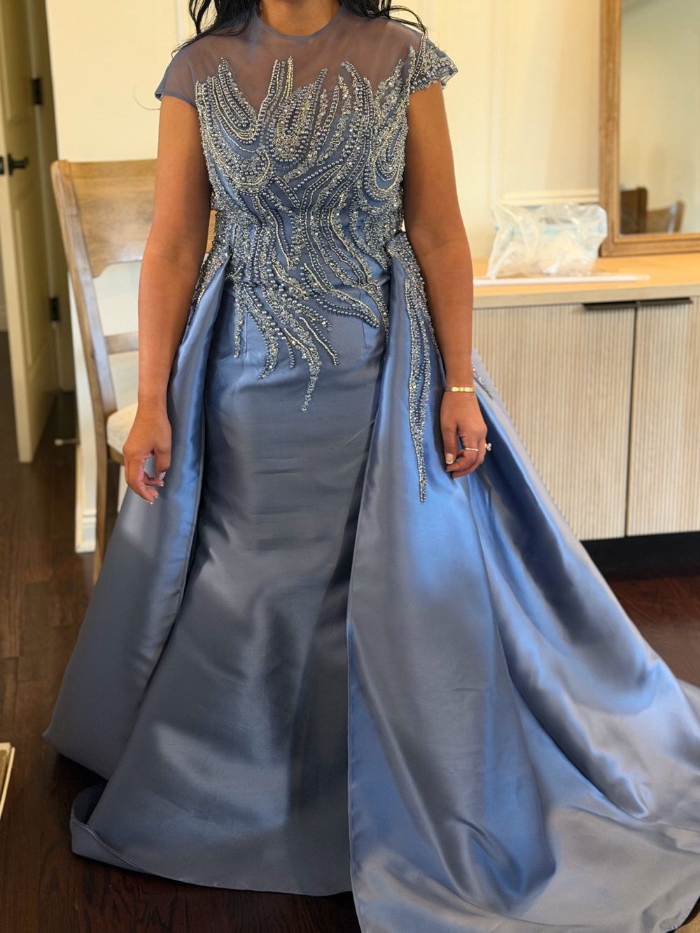 Terani Couture Slate Blue Beaded Satin Ball Gown